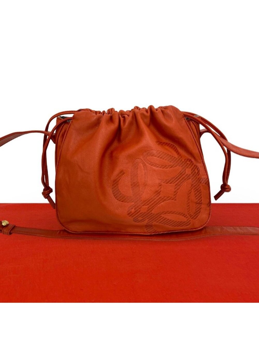 Loewe Vintage Anagram Logo Nappa Leather Drawstring Shoulder Bag Cross Orange